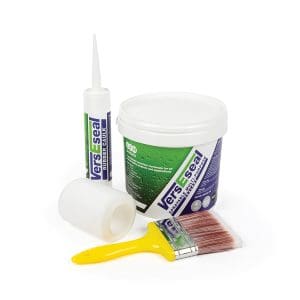VersEseal Small Box Gutter Kit contents including Rapid Build, geofabric, brush, and rubber caulk – covers up to 4 sqm